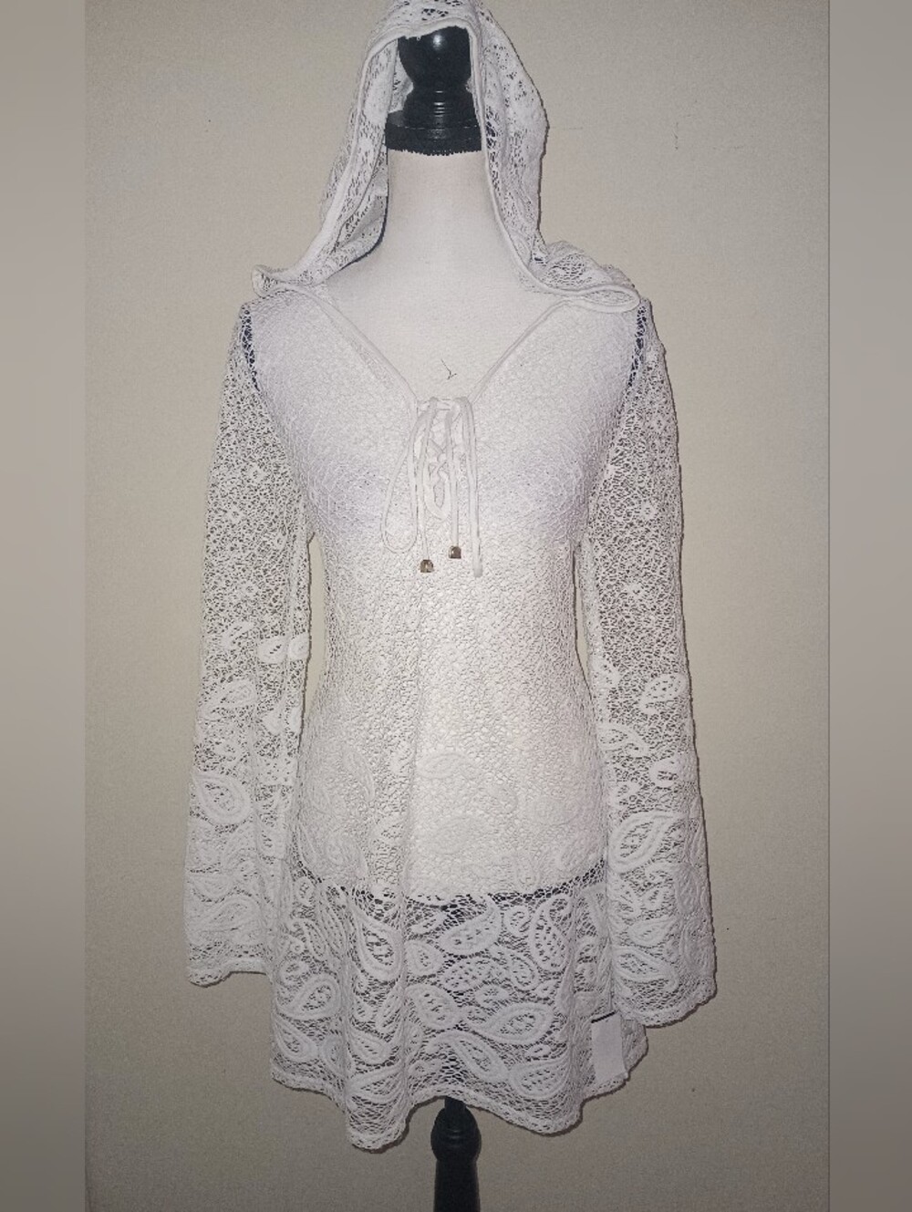 Dotti White Lace Hooded Tie-Front Poolside Swimsuit Coverup SZS-M